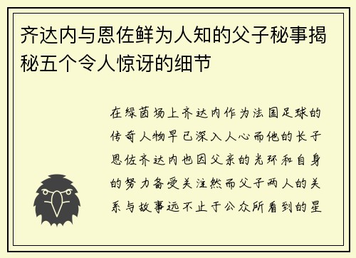 齐达内与恩佐鲜为人知的父子秘事揭秘五个令人惊讶的细节 齐达内与恩佐鲜为人知的父子秘事揭秘五个令人惊讶的细节